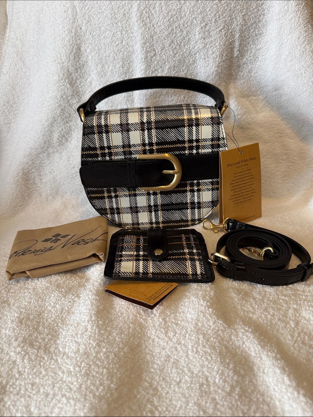 Patricia Nash Black and White Plaid Saddle Mini Bag with Card Holder